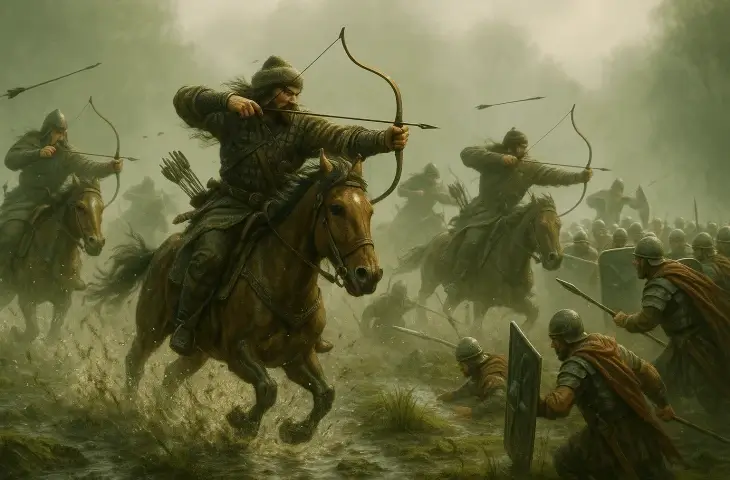 Hun atlı okçularının hareket halindeyken Roma lejyonlarına ok yağdırdığı dinamik savaş sahnesi.